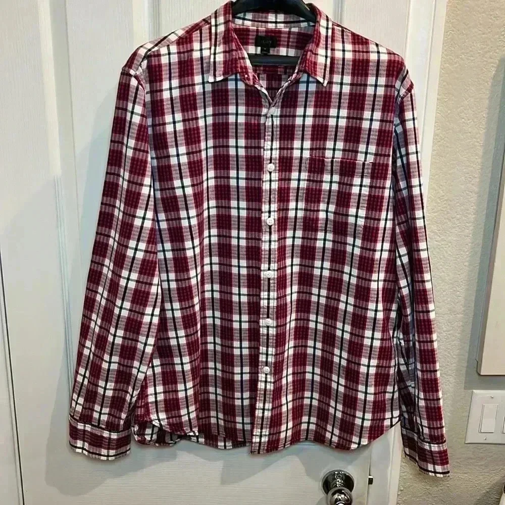 EUC J. Crew Shirt Mens XL Red White Blue Plaid Black Label Long Sleeve Button Up
